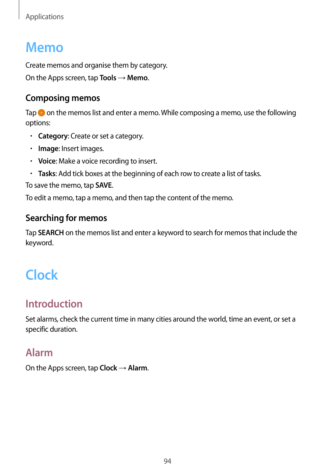 Samsung SM-G925XZKAXXV, SM-G925XZKAKSA, SM-G925XZWAKSA manual Memo, Clock, Alarm, Composing memos, Searching for memos 