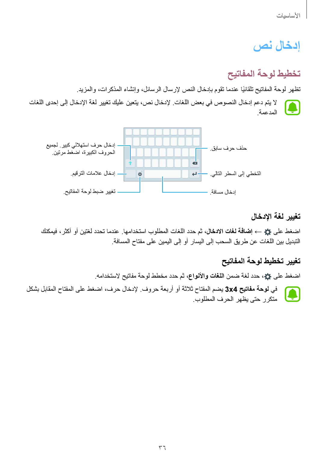 Samsung SM-G925XZDAKSA manual صن لاخدإ, حيتافملا ةحول طيطخت, لاخدلإا ةغل رييغت, ةمعدملا, بولطملا فرحلا رهظي ىتح رركتم 