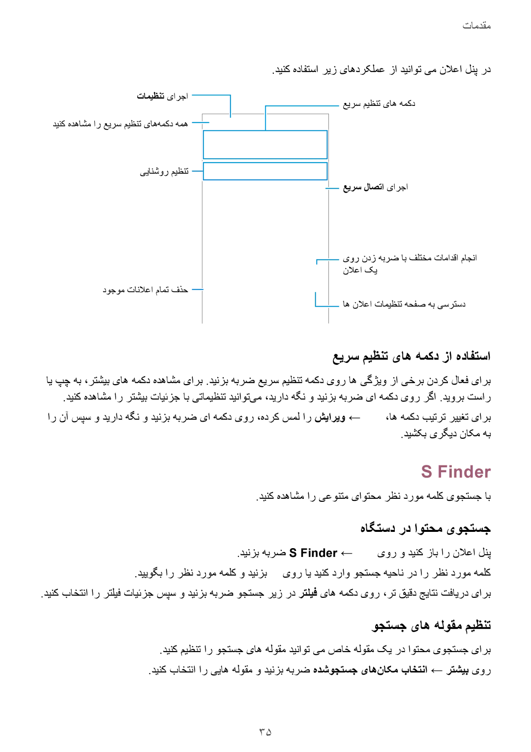 Samsung SM-G925FZKASEE manual Finder, عیرس میظنت یاه همکد زا هدافتسا, هاگتسد رد اوتحم یوجتسج, وجتسج یاه هلوقم میظنت 