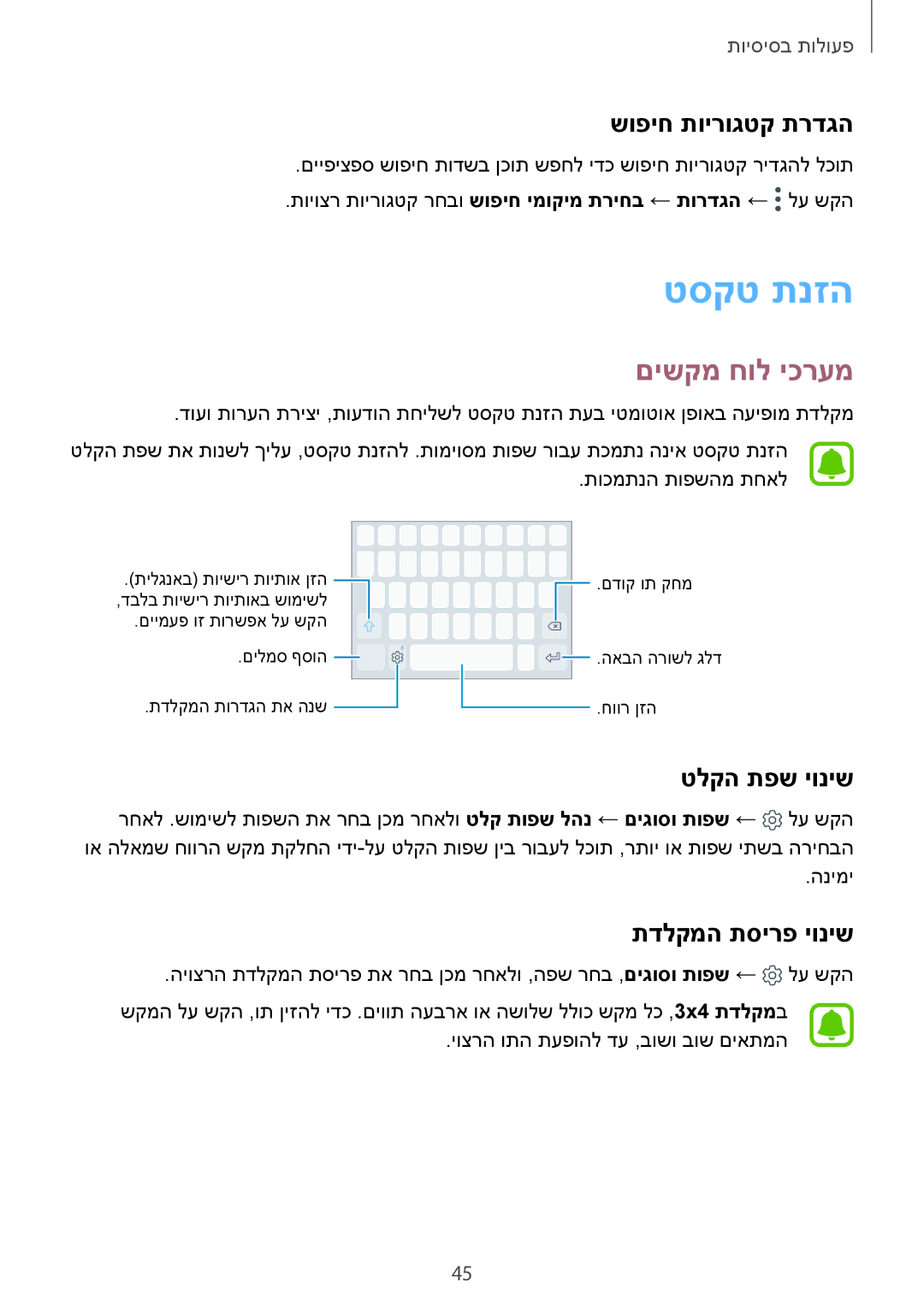 Samsung SM-G925XZKAILO manual טסקט תנזה, םישקמ חול יכרעמ, שופיח תוירוגטק תרדגה, טלקה תפש יוניש, תדלקמה תסירפ יוניש 