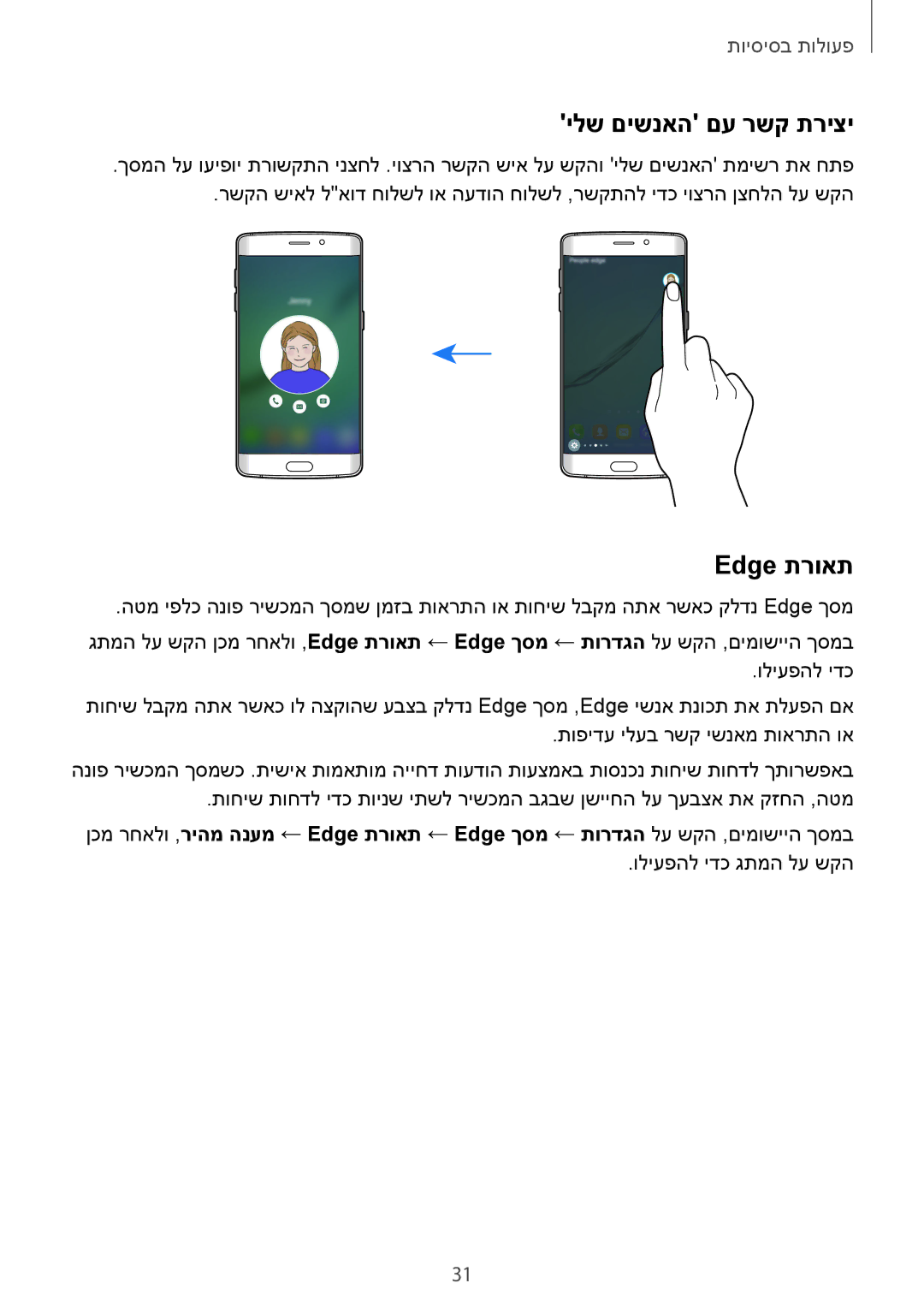Samsung SM-G925FZDAILO, SM-G925XZWAILO, SM-G925XZKAILO, SM-G925XZDAILO manual ילש םישנאה םע רשק תריצי, Edge תרואת 