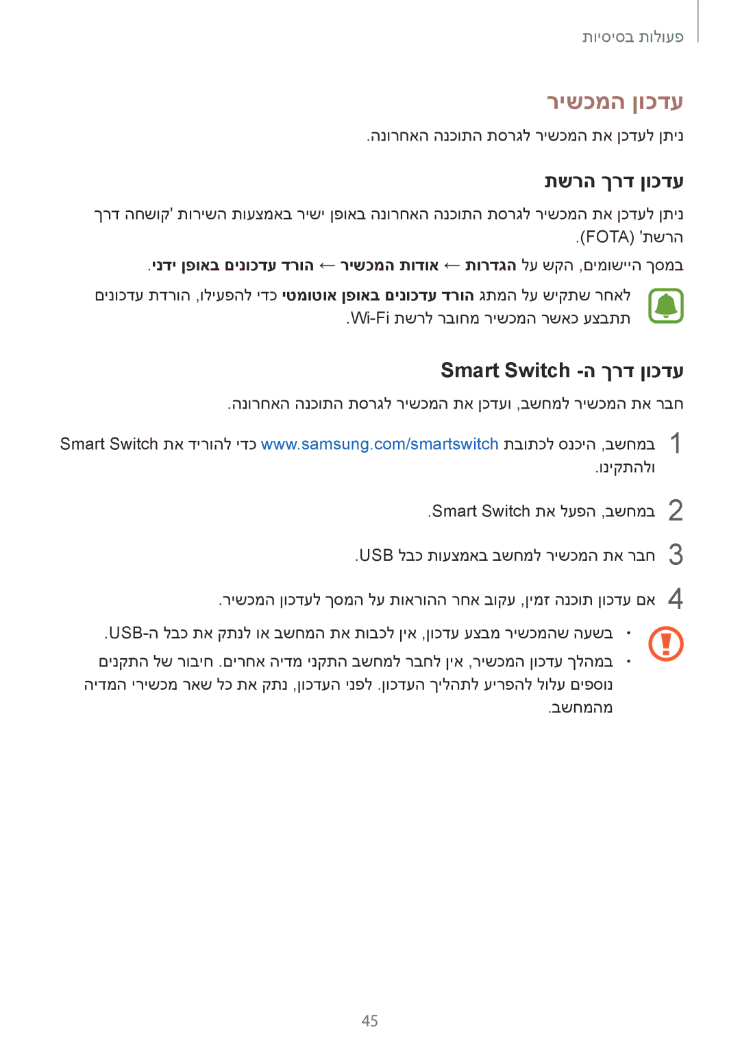 Samsung SM-G925XZKAILO, SM-G925XZWAILO, SM-G925XZDAILO manual רישכמה ןוכדע, תשרה ךרד ןוכדע, Smart Switch -ה ךרד ןוכדע 