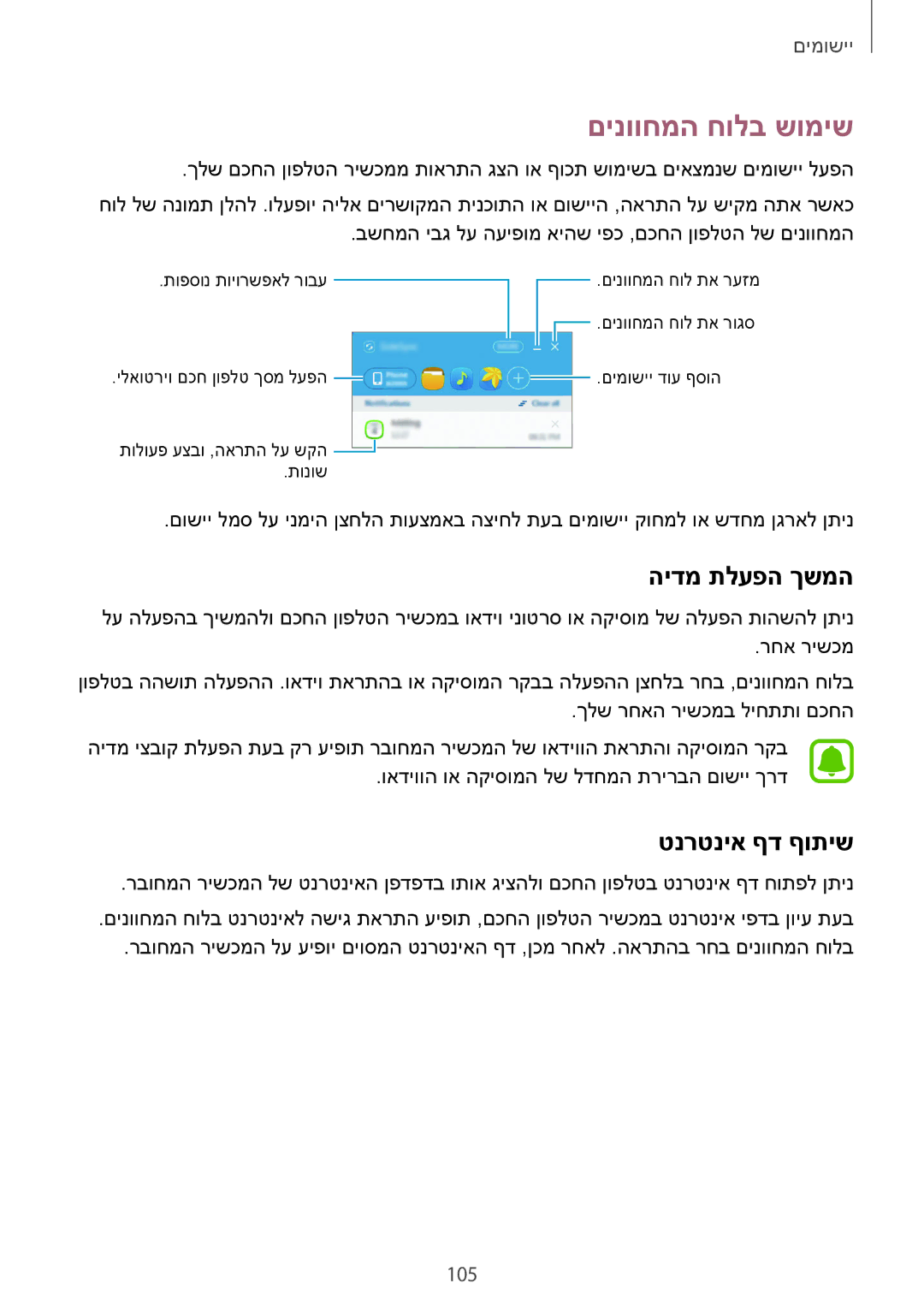 Samsung SM-G928CZDAILO manual םינווחמה חולב שומיש, הידמ תלעפה ךשמה, טנרטניא ףד ףותיש, 105 