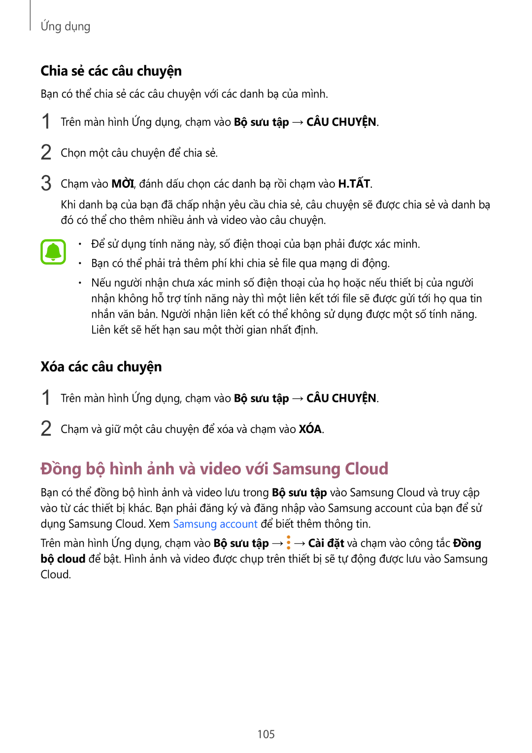Samsung SM-G928CZDAXXV manual Đồng bộ hình ảnh và video với Samsung Cloud, Chia sẻ các câu chuyện, Xóa các câu chuyện 