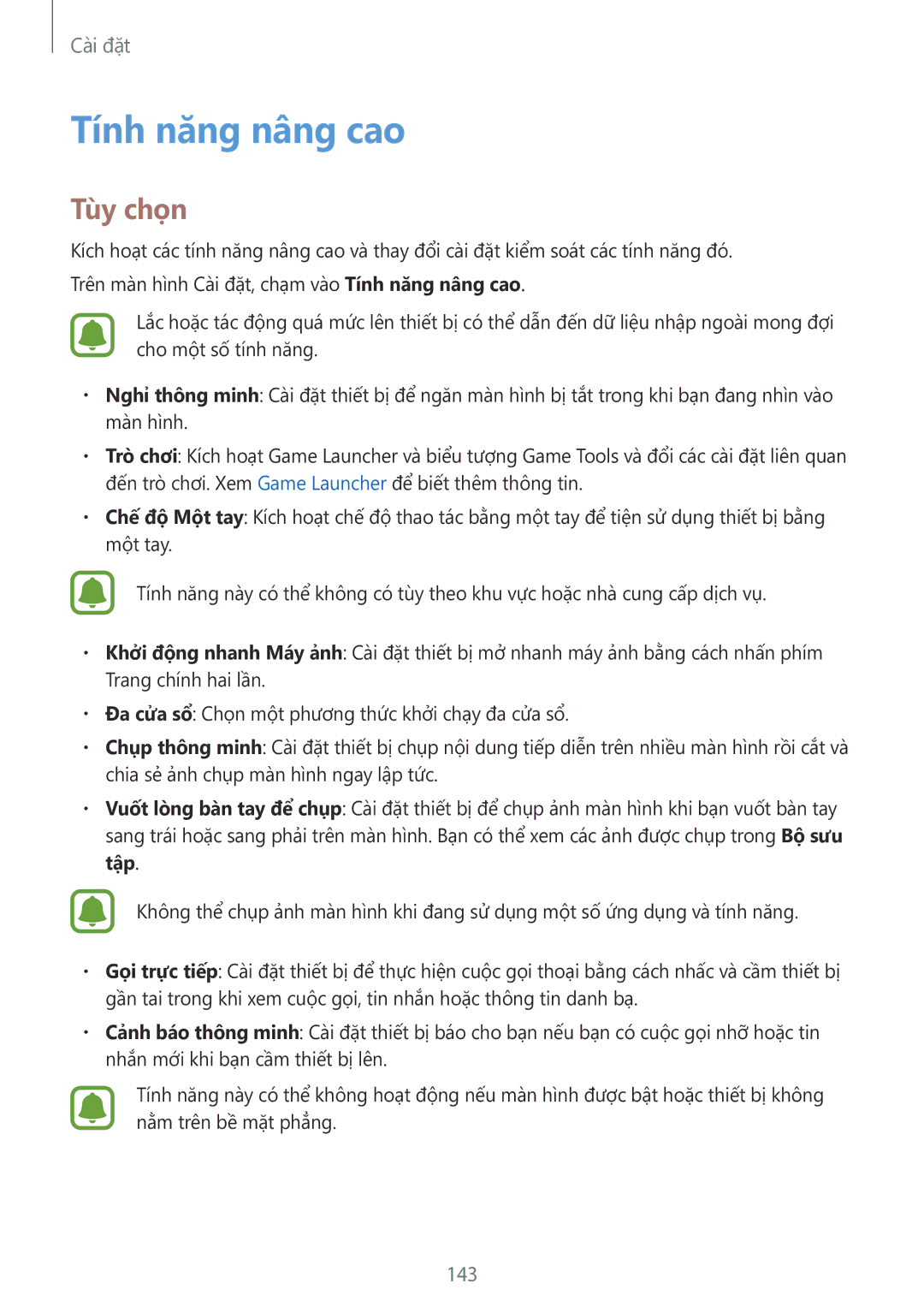 Samsung SM-G928CZDAXXV manual Tính năng nâng cao, 143 