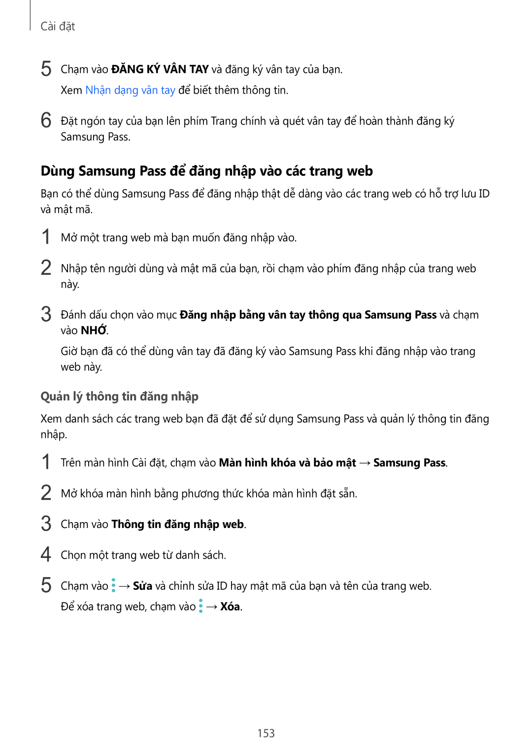 Samsung SM-G928CZDAXXV manual Dùng Samsung Pass để đăng nhập vào các trang web, Quản lý thông tin đăng nhập 