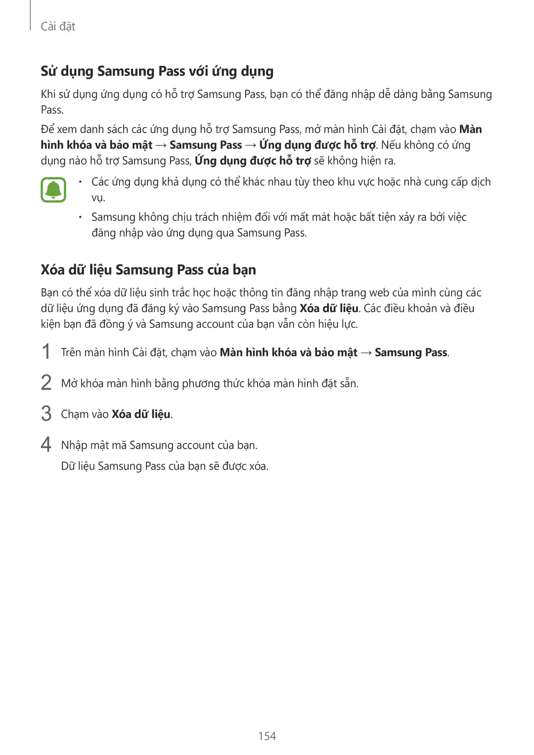 Samsung SM-G928CZDAXXV manual Sử dụng Samsung Pass với ứng dụng, Xóa dữ liệu Samsung Pass của bạn, Chạm vào Xóa dữ liệu 