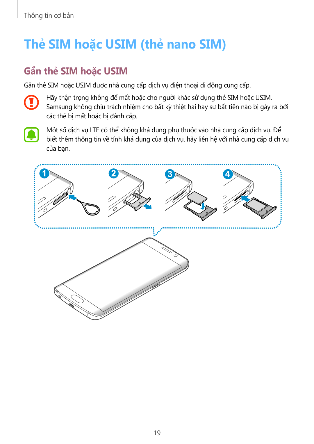 Samsung SM-G928CZDAXXV manual Thẻ SIM hoặc Usim thẻ nano SIM, Gắn thẻ SIM hoặc Usim 