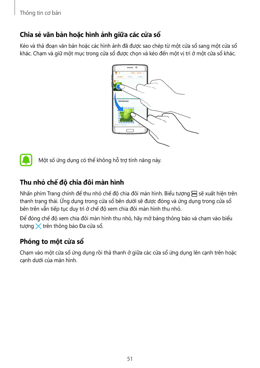 Samsung SM-G928CZDAXXV manual Chia sẻ văn bản hoặc hình ảnh giữa các cửa sổ, Thu nhỏ chế độ chia đôi màn hình 