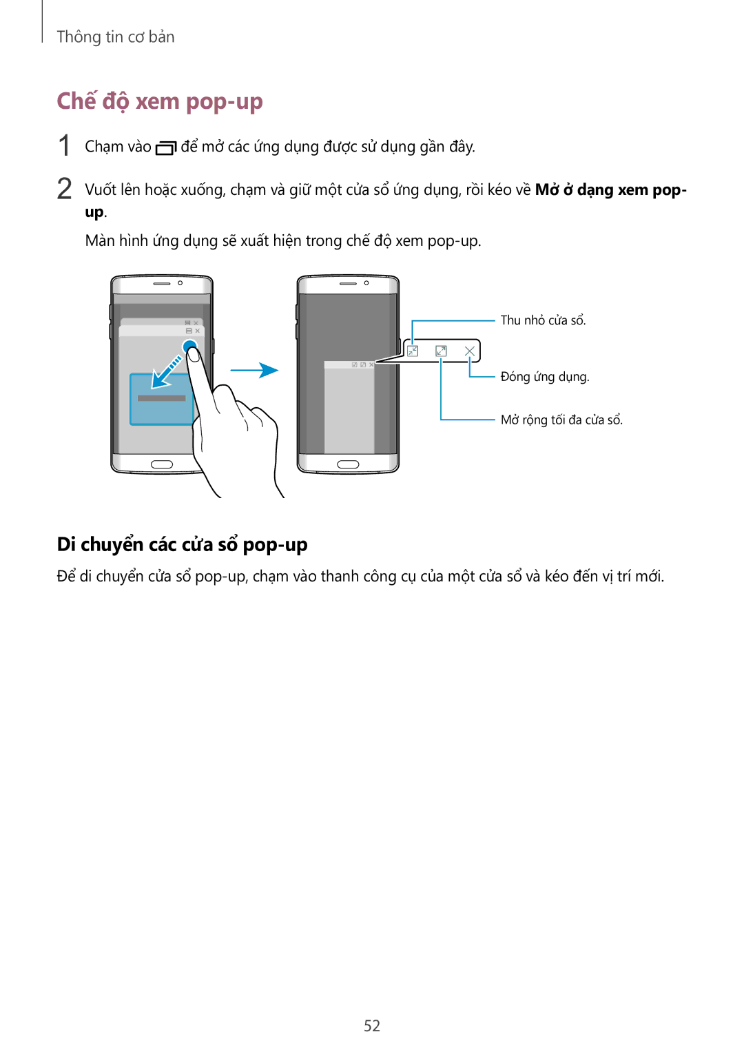 Samsung SM-G928CZDAXXV manual Chế độ xem pop-up, Di chuyển các cửa sổ pop-up 