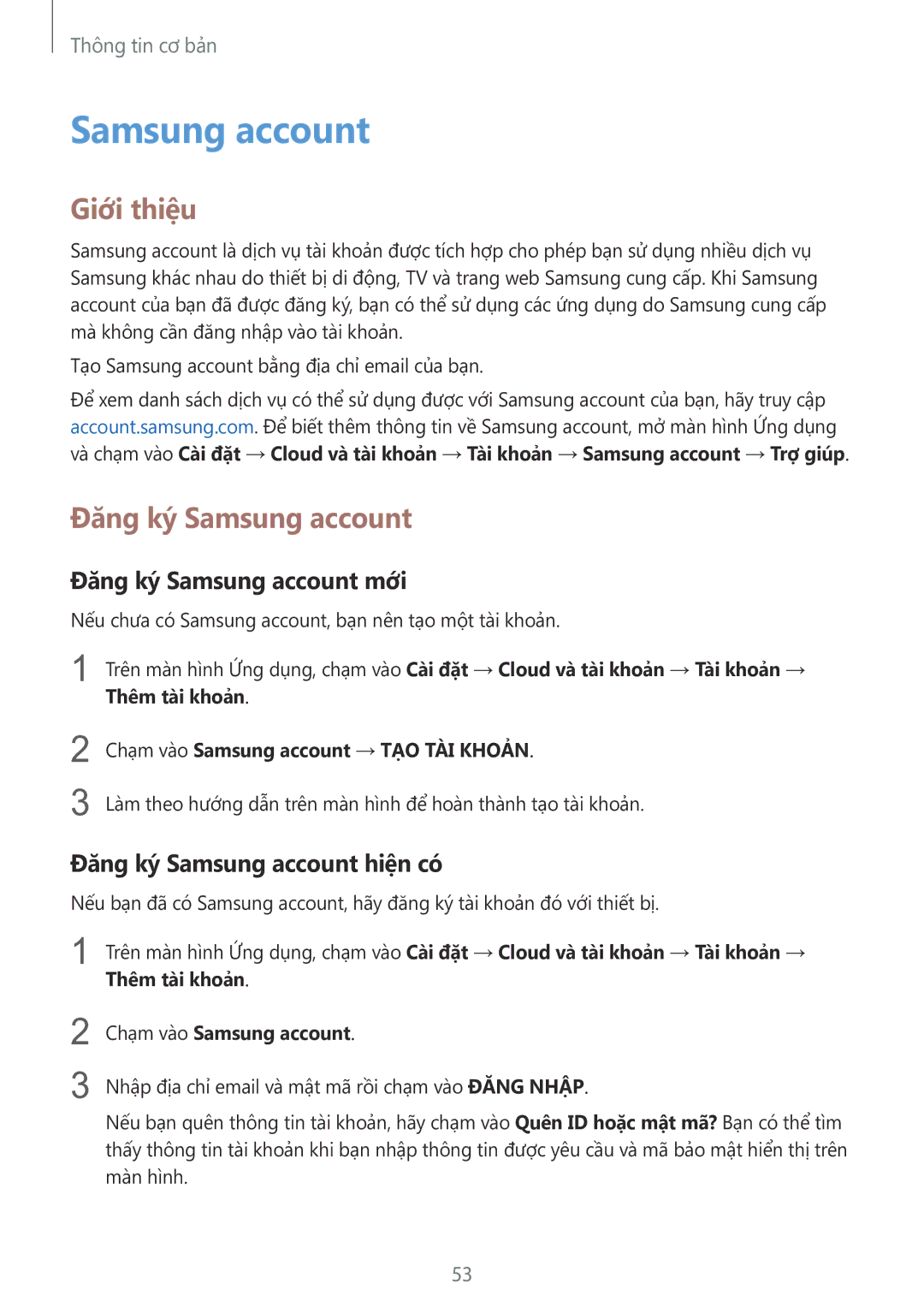 Samsung SM-G928CZDAXXV manual Đăng ký Samsung account mới, Đăng ký Samsung account hiện có 