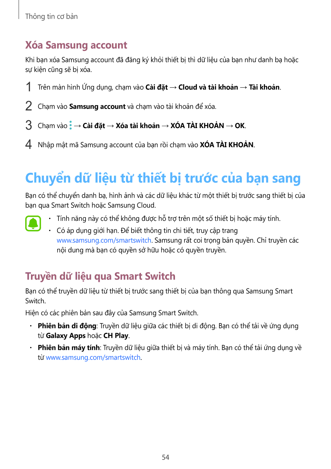 Samsung SM-G928CZDAXXV Chuyển dữ liệu từ thiết bị trước của bạn sang, Xóa Samsung account, Truyền dữ liệu qua Smart Switch 