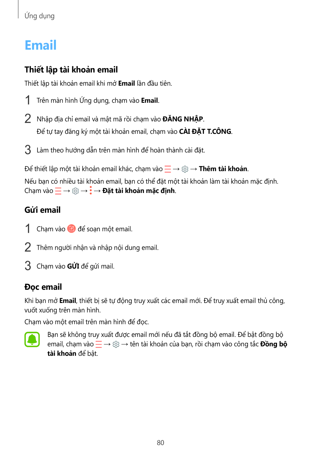 Samsung SM-G928CZDAXXV manual Thiết lập tài khoản email, Gửi email, Đọc email 