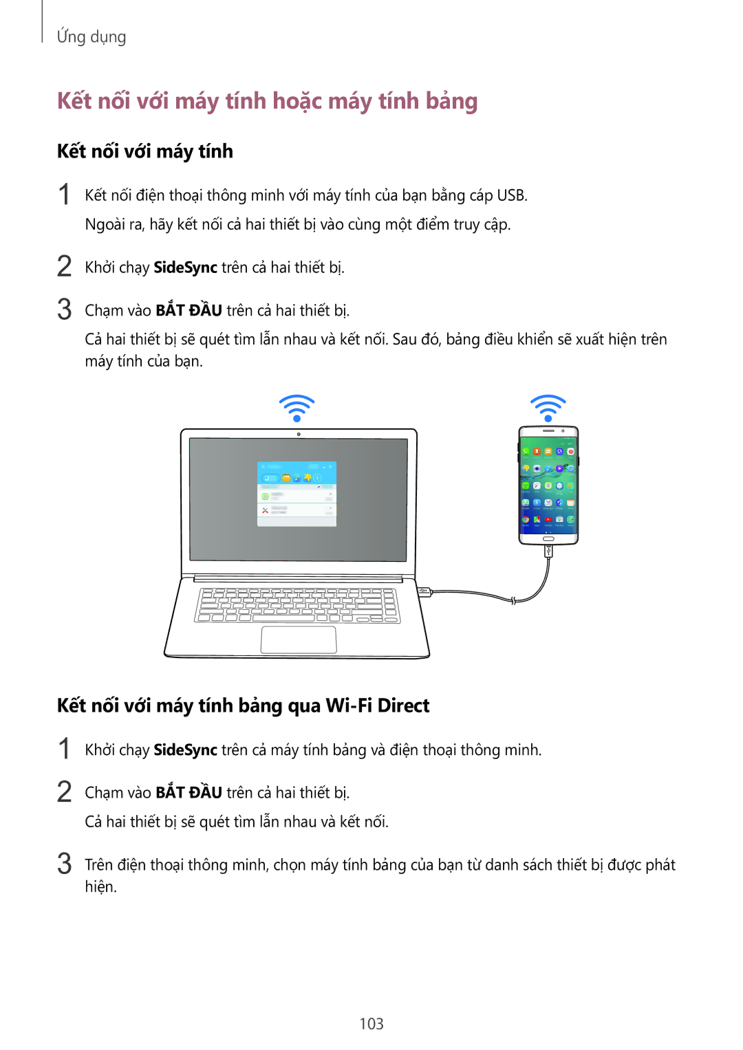 Samsung SM-G928CZDAXXV manual Kết nối với máy tính hoặc máy tính bảng, Kết nối với máy tính bảng qua Wi-Fi Direct, 103 