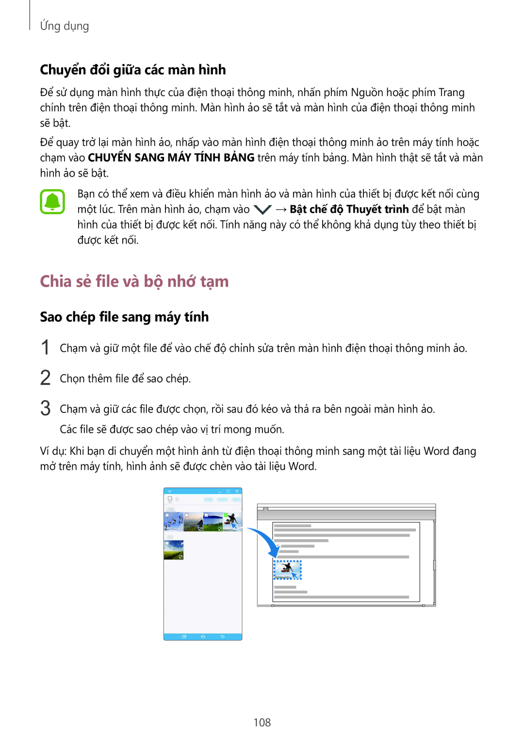 Samsung SM-G928CZDAXXV manual Chia sẻ file và bộ nhớ tạm, Chuyển đổi giữa các màn hình, Sao chép file sang máy tính, 108 