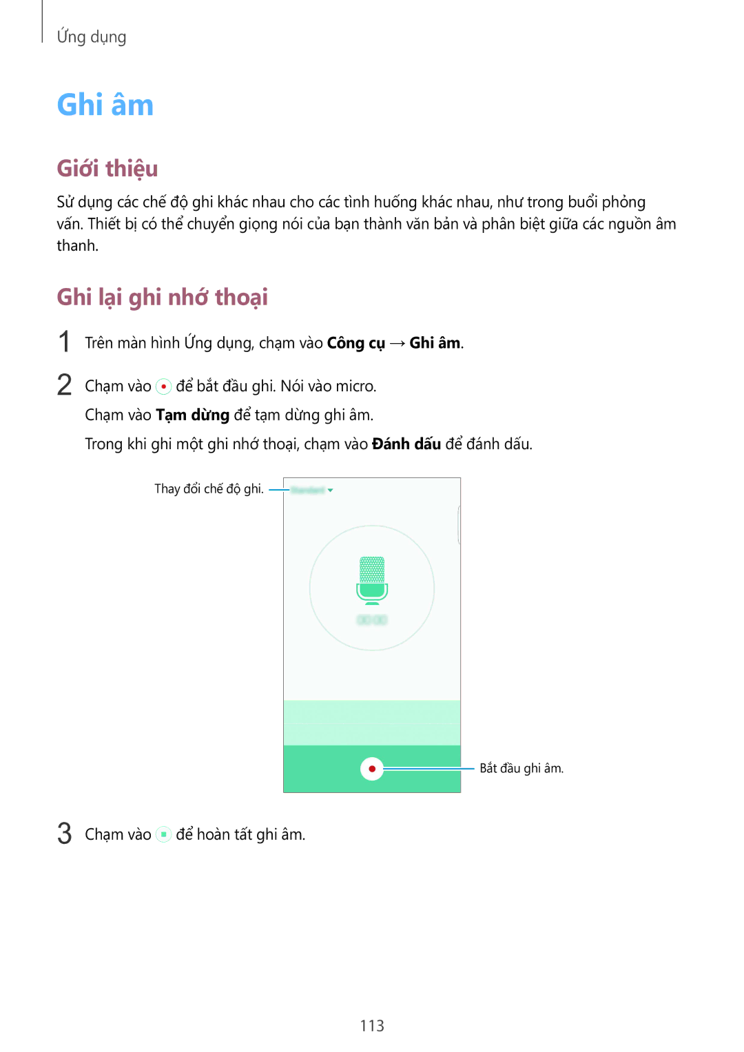 Samsung SM-G928CZDAXXV manual Ghi âm, Ghi lại ghi nhớ thoại, 113 