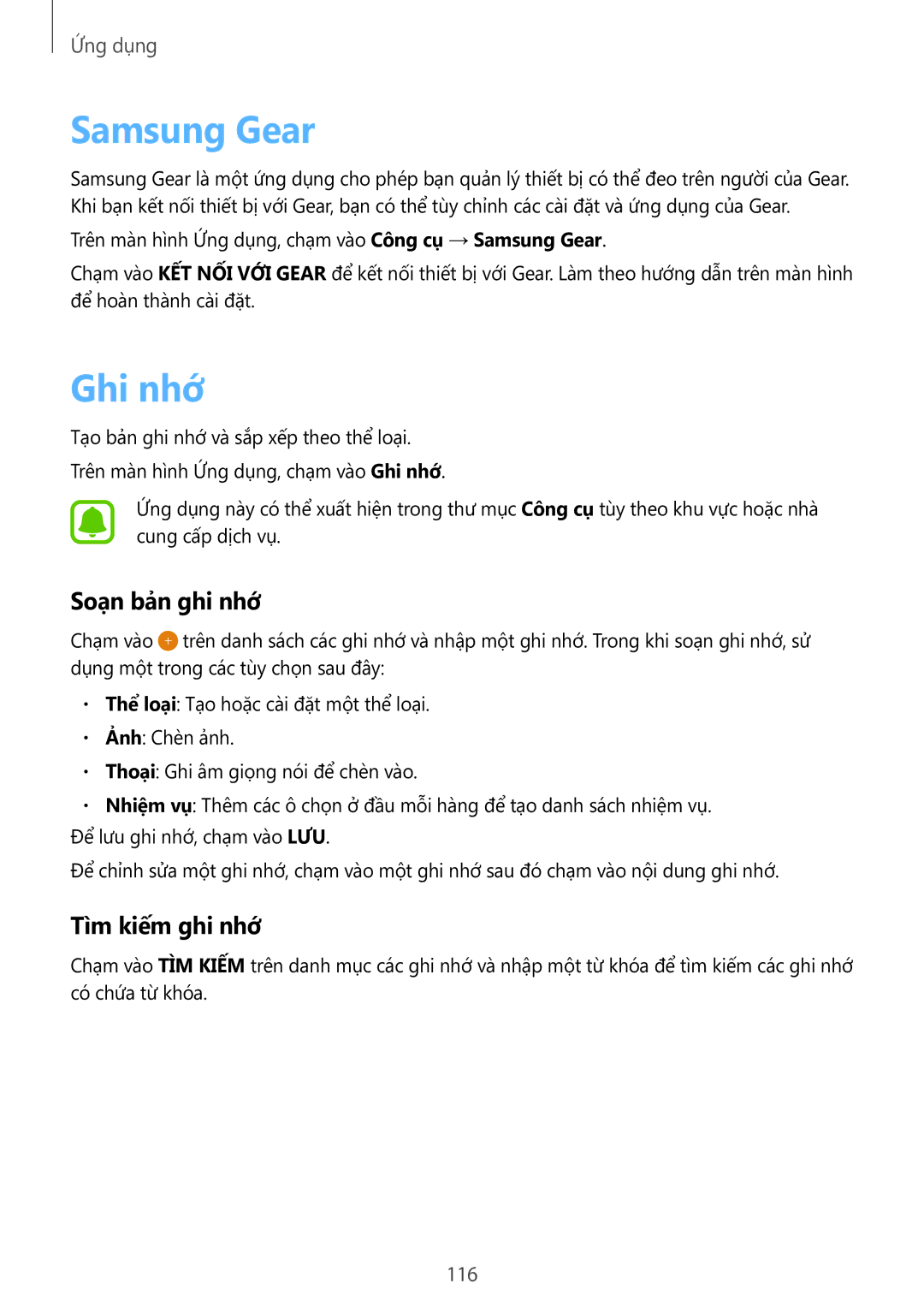 Samsung SM-G928CZDAXXV manual Samsung Gear, Ghi nhớ, Soạn bản ghi nhớ, Tìm kiếm ghi nhớ, 116 
