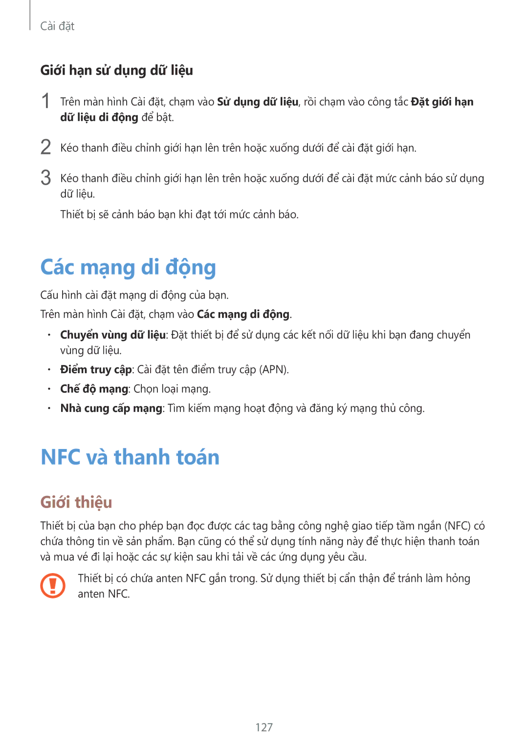 Samsung SM-G928CZDAXXV manual Các mạng di động, NFC và thanh toán, Giới hạn sử dụng dữ liệu, 127 