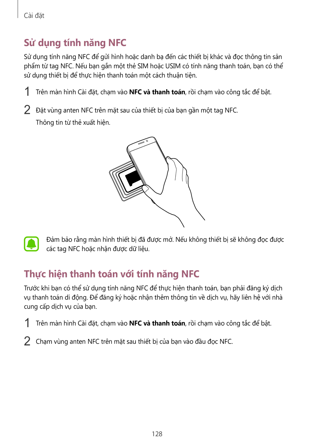 Samsung SM-G928CZDAXXV manual Sử dụng tính năng NFC, Thực hiện thanh toán với tính năng NFC, 128 