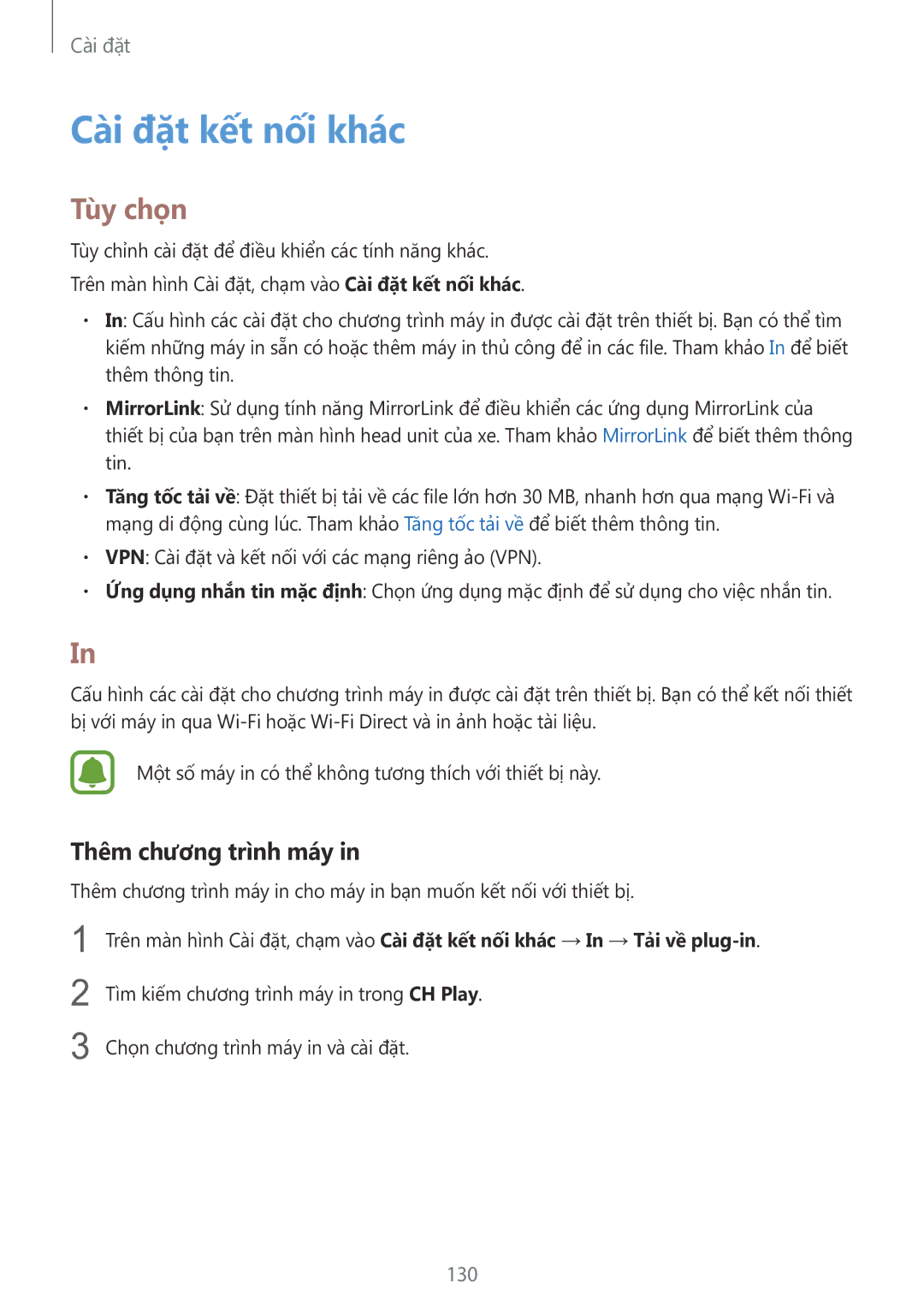 Samsung SM-G928CZDAXXV manual Cài đặt kết nối khác, Tùy chọn, Thêm chương trình máy, 130 
