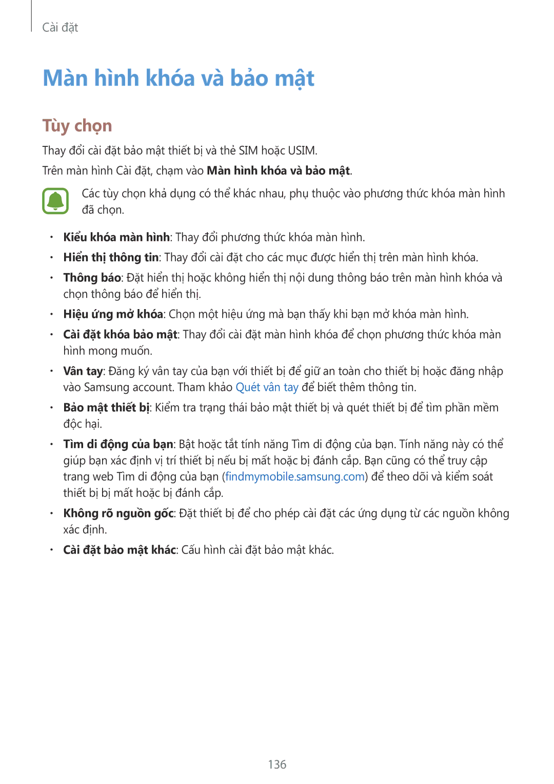 Samsung SM-G928CZDAXXV manual Màn hình khóa và bảo mật, 136 