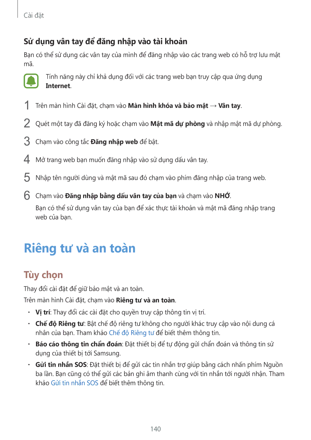 Samsung SM-G928CZDAXXV manual Riêng tư và an toàn, Sử dụng vân tay để đăng nhập vào tài khoản, 140 