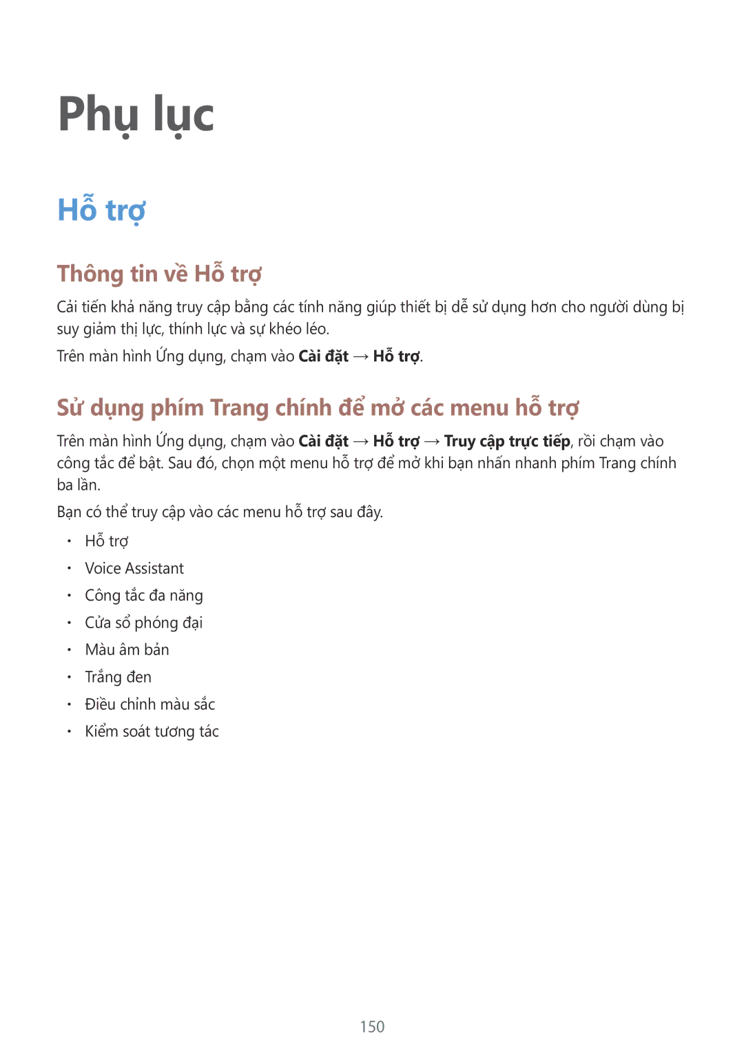 Samsung SM-G928CZDAXXV manual Thông tin về Hỗ trợ, Sử dụng phím Trang chính để mở các menu hỗ trợ, 150 