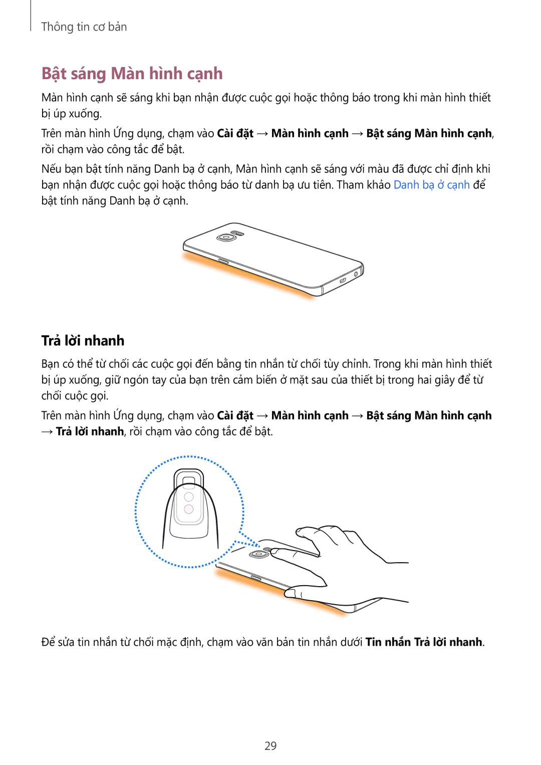 Samsung SM-G928CZDAXXV manual Bật sáng Màn hình cạnh, Trả lời nhanh 