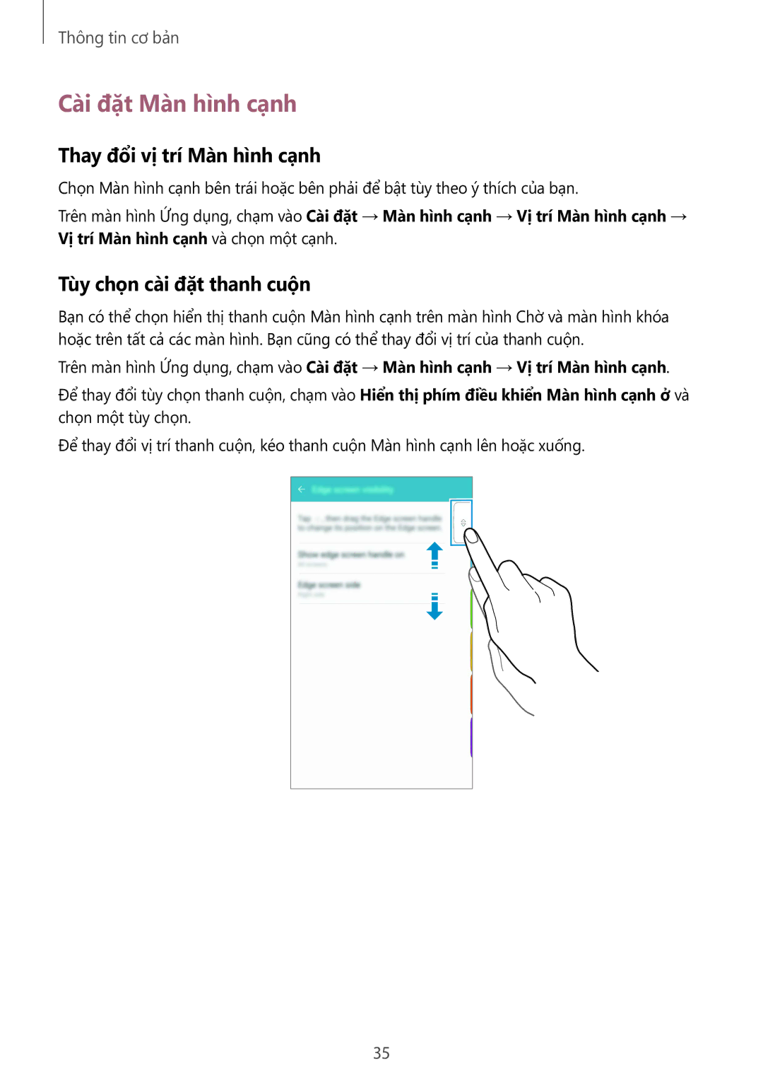 Samsung SM-G928CZDAXXV manual Cài đặt Màn hình cạnh, Thay đổi vị trí Màn hình cạnh, Tùy chọn cài đặt thanh cuộn 