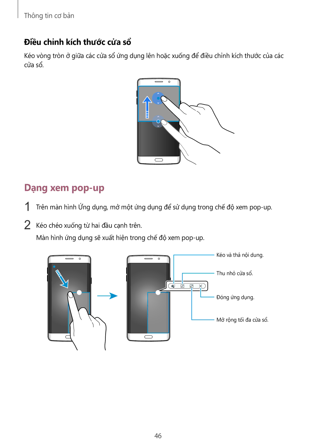 Samsung SM-G928CZDAXXV manual Dạng xem pop-up, Điều chỉnh kích thước cửa sổ 