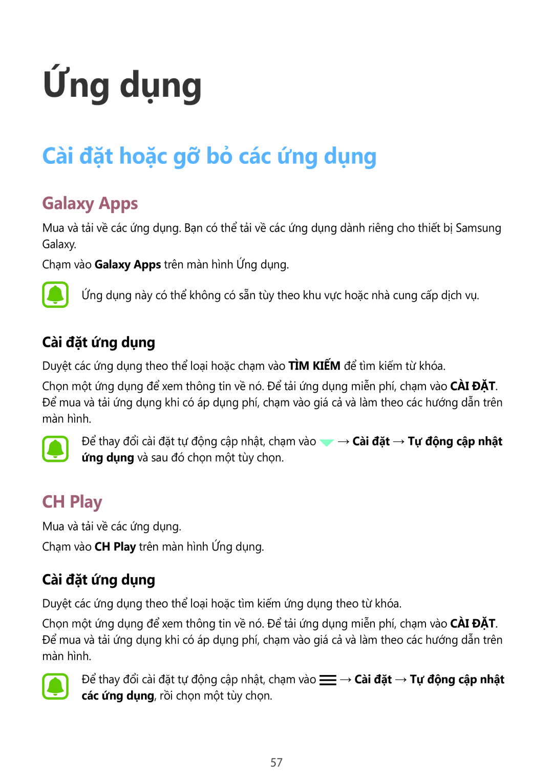 Samsung SM-G928CZDAXXV manual Cài đặt hoặc gỡ bỏ các ứng dụng, Galaxy Apps, CH Play, Cài đặt ứng dụng 