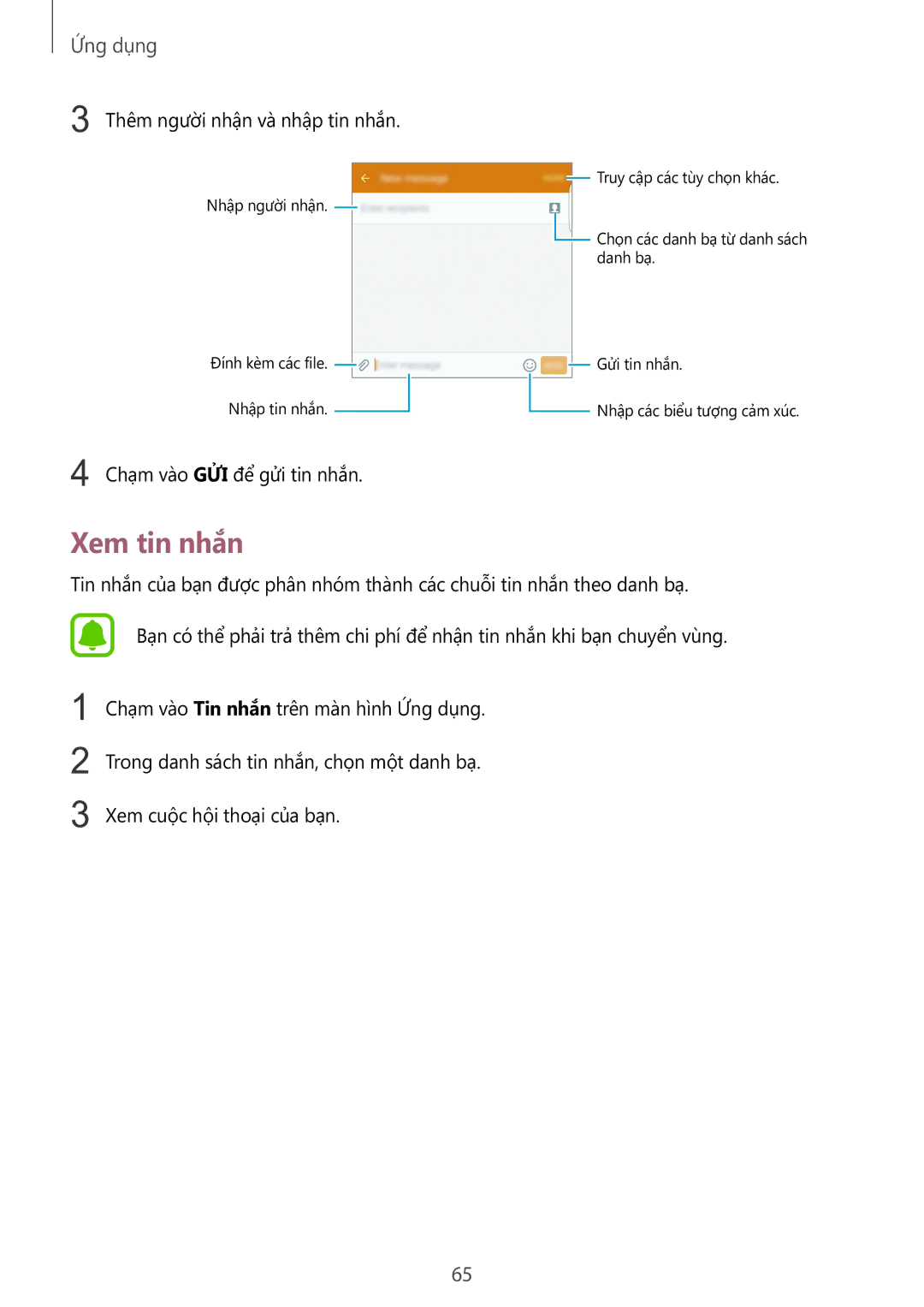 Samsung SM-G928CZDAXXV manual Xem tin nhắn, Thêm người nhận và nhập tin nhắn 