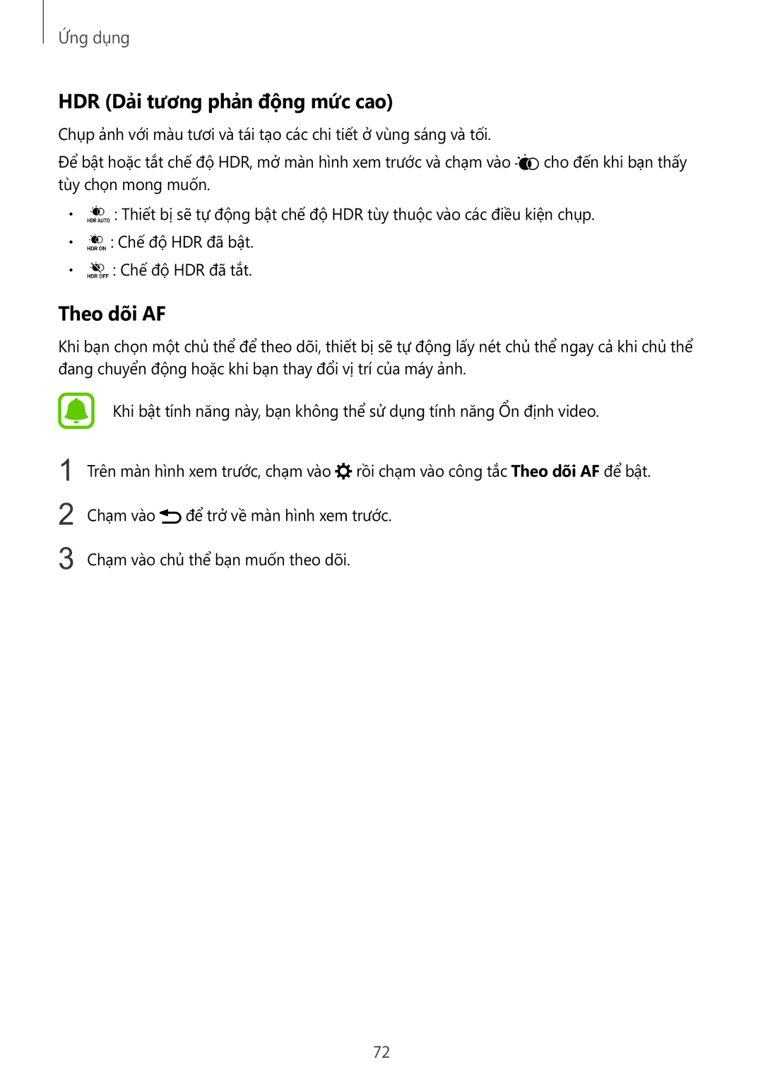 Samsung SM-G928CZDAXXV manual HDR Dải tương phản động mức cao, Theo dõi AF 