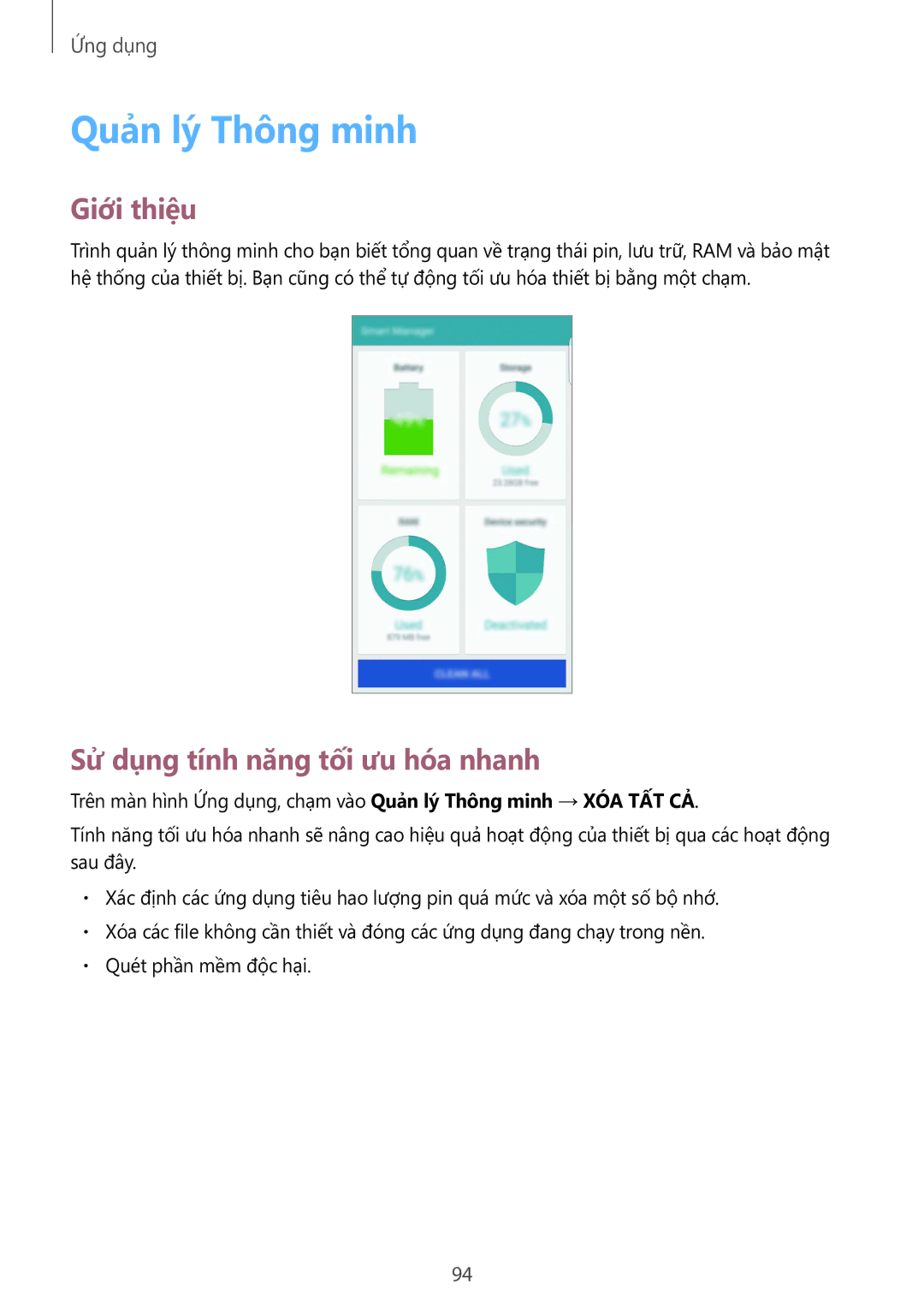 Samsung SM-G928CZDAXXV manual Quản lý Thông minh, Sử dụng tính năng tối ưu hóa nhanh 