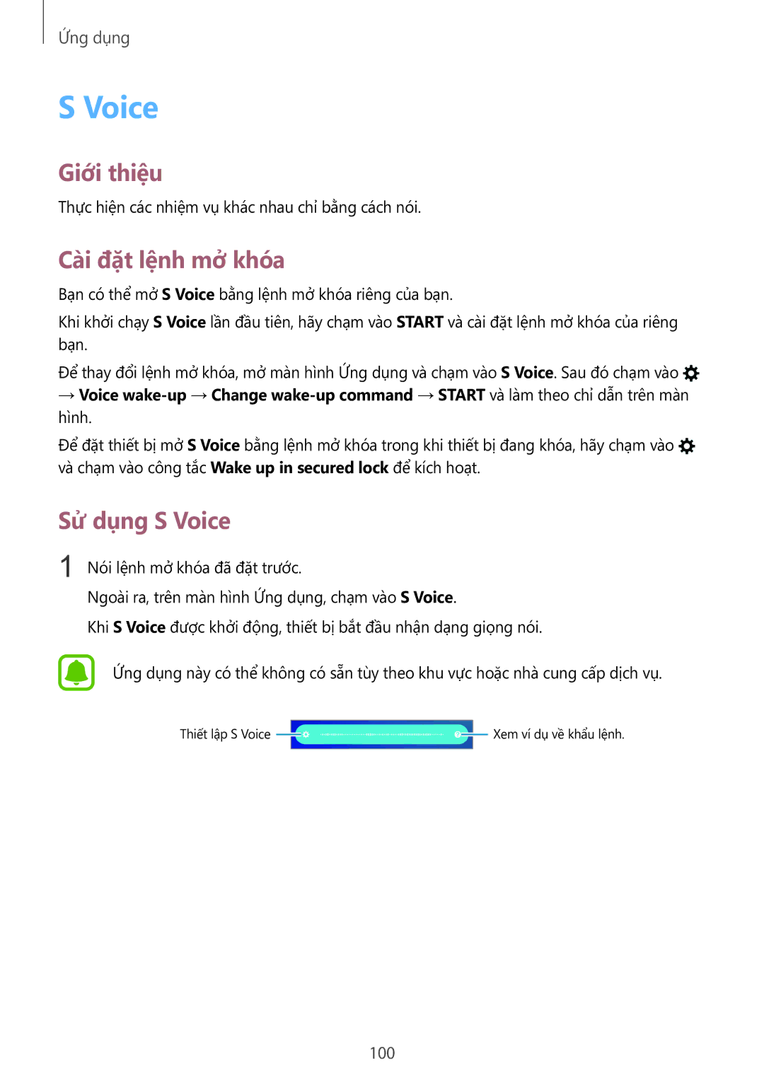 Samsung SM-G928CZDAXXV manual Cài đặt lệnh mở khóa, Sử dụng S Voice, 100 
