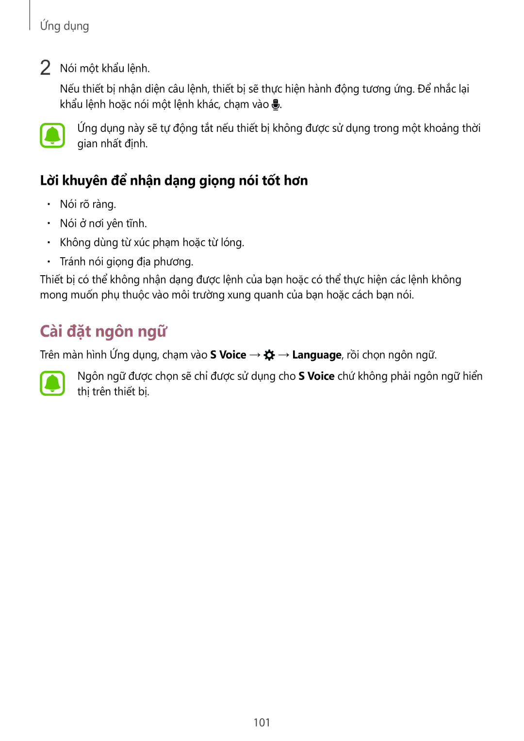 Samsung SM-G928CZDAXXV manual Cài đặt ngôn ngữ, Lời khuyên để nhận dạng giọng nói tốt hơn, 101 