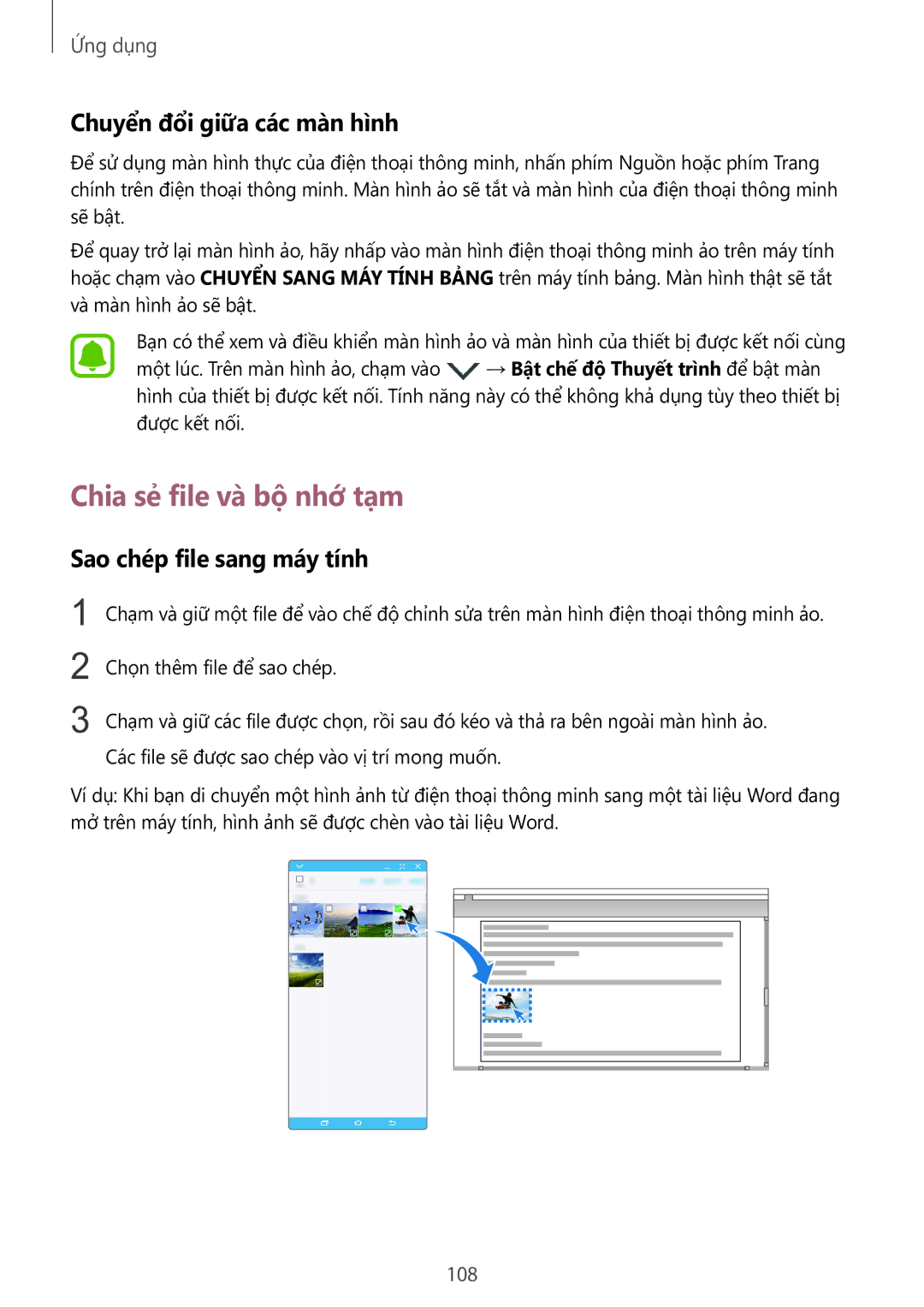 Samsung SM-G928CZDAXXV manual Chia sẻ file và bộ nhớ tạm, Chuyển đổi giữa các màn hình, Sao chép file sang máy tính, 108 