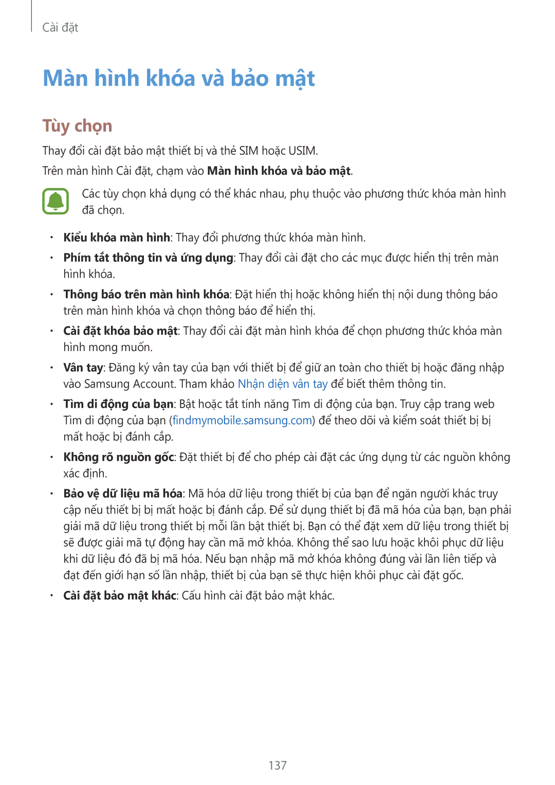 Samsung SM-G928CZDAXXV manual Màn hình khóa và bảo mật, 137 