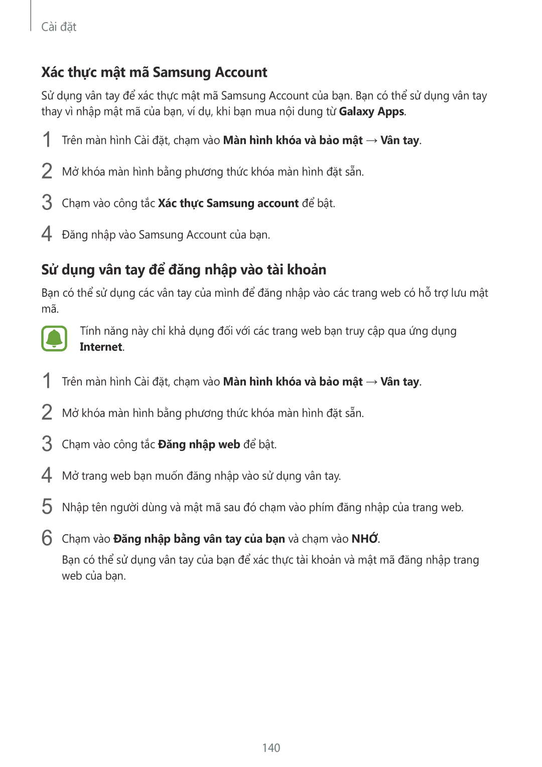Samsung SM-G928CZDAXXV manual Xác thực mật mã Samsung Account, Sử dụng vân tay để đăng nhập vào tài khoản, 140 