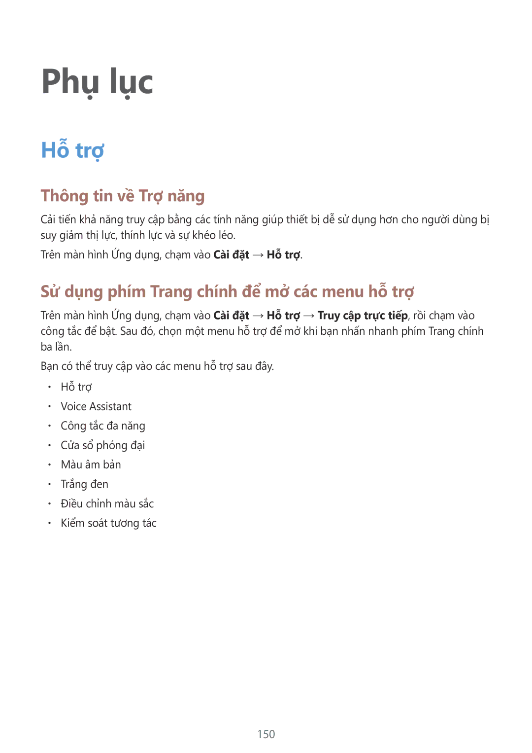 Samsung SM-G928CZDAXXV manual Thông tin về Trợ năng, Sử dụng phím Trang chính để mở các menu hỗ trợ, 150 