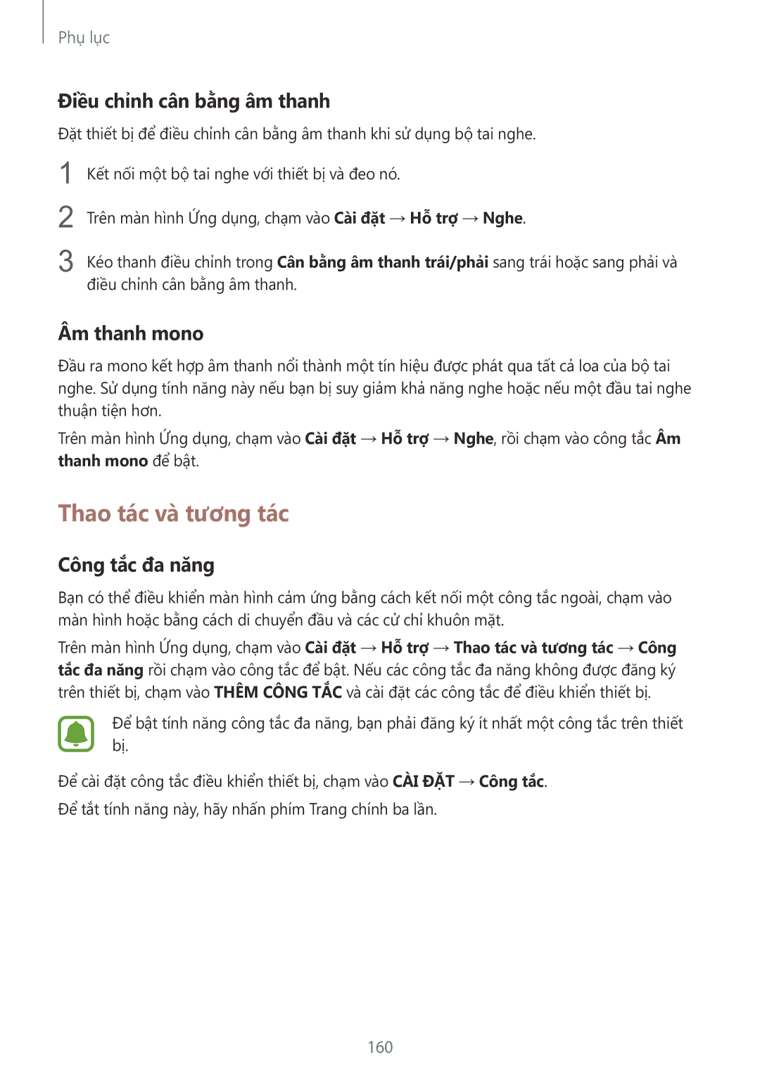 Samsung SM-G928CZDAXXV manual Thao tác và tương tác, Điều chỉnh cân bằng âm thanh, Âm thanh mono, Công tắc đa năng, 160 