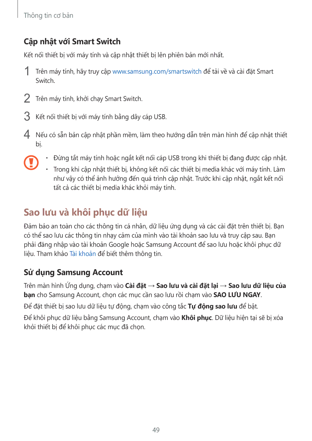 Samsung SM-G928CZDAXXV manual Sao lưu và khôi phục dữ liệu, Cập nhật với Smart Switch, Sử dụng Samsung Account 