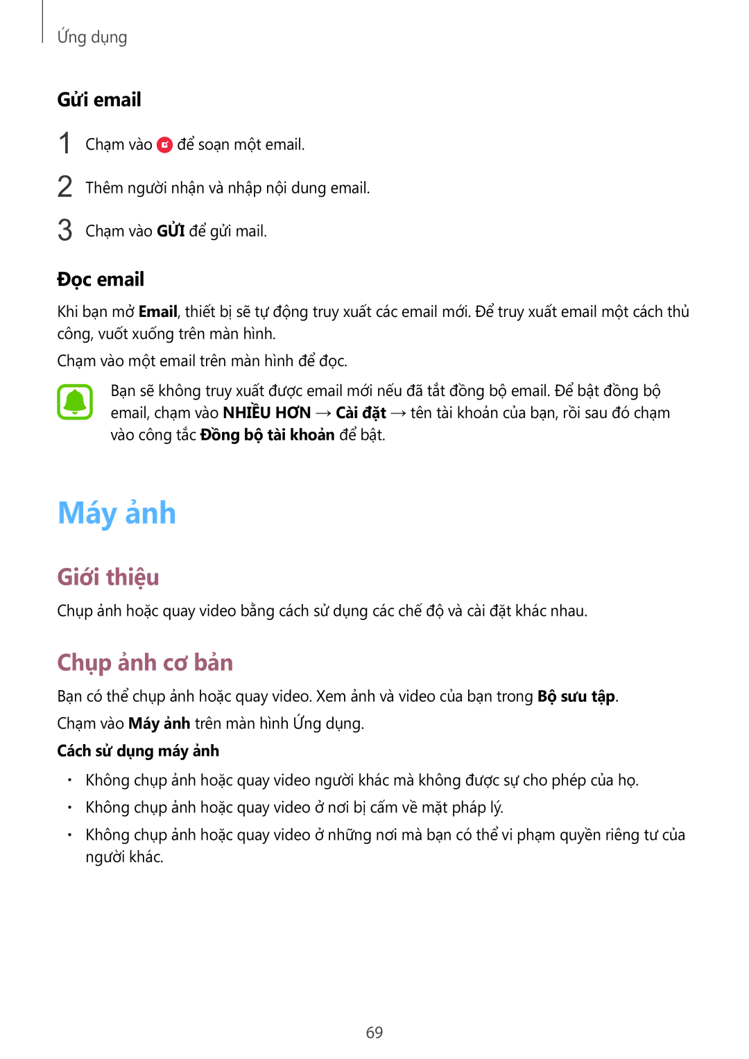 Samsung SM-G928CZDAXXV manual Máy ảnh, Chụp ảnh cơ bản, Gửi email, Đọc email, Cách sử dụng máy ảnh 