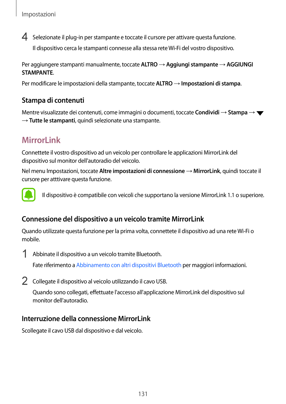 Samsung SM-G928FZSAITV manual Stampa di contenuti, Connessione del dispositivo a un veicolo tramite MirrorLink 