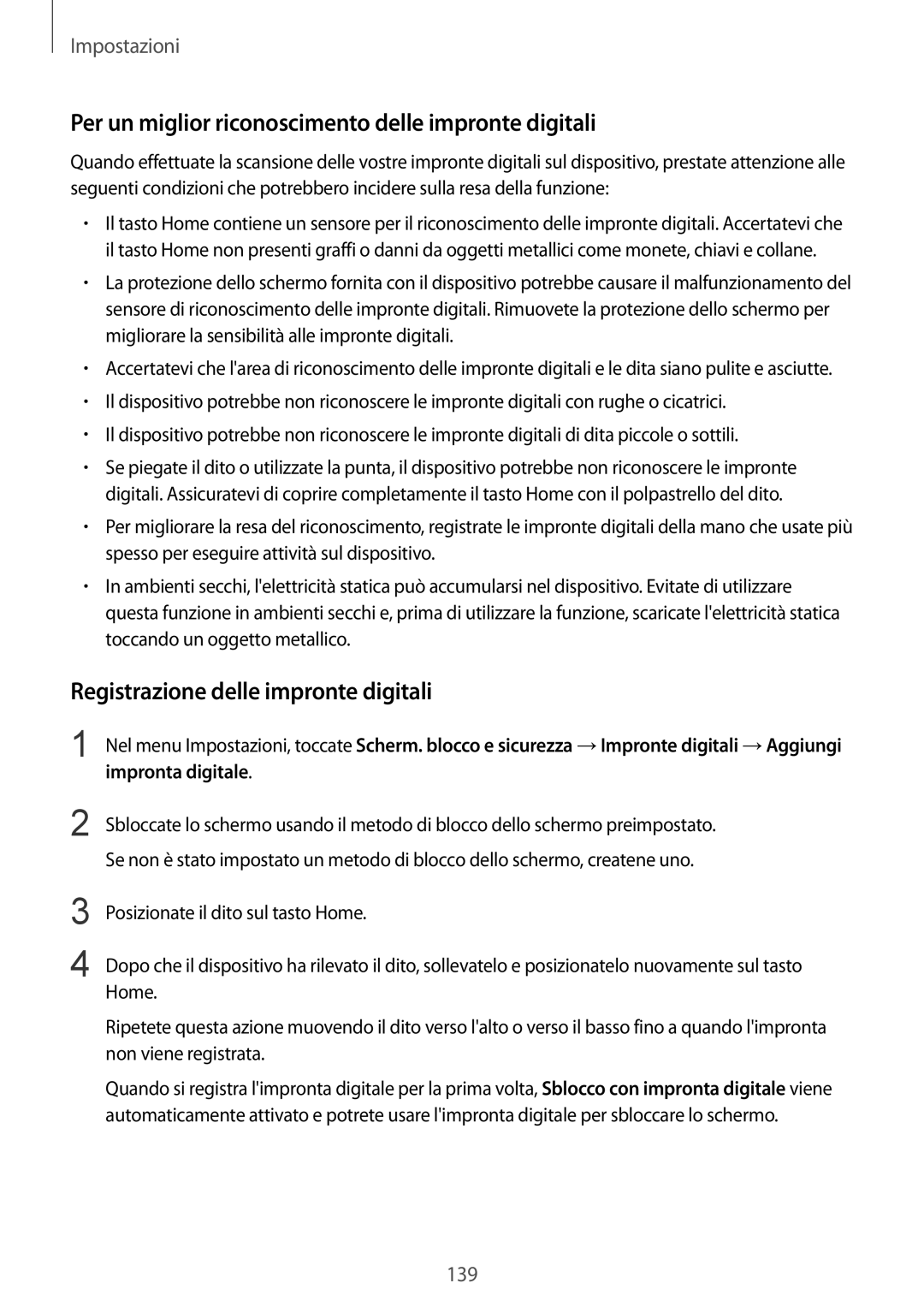 Samsung SM-G928FZSEITV manual Per un miglior riconoscimento delle impronte digitali, Registrazione delle impronte digitali 