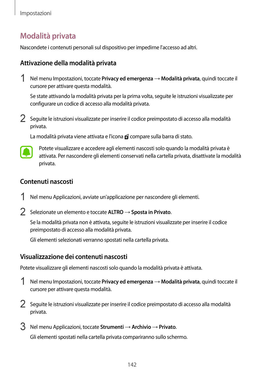 Samsung SM-G928FZKAITV, SM-G928FZDAITV manual Modalità privata, Attivazione della modalità privata, Contenuti nascosti 