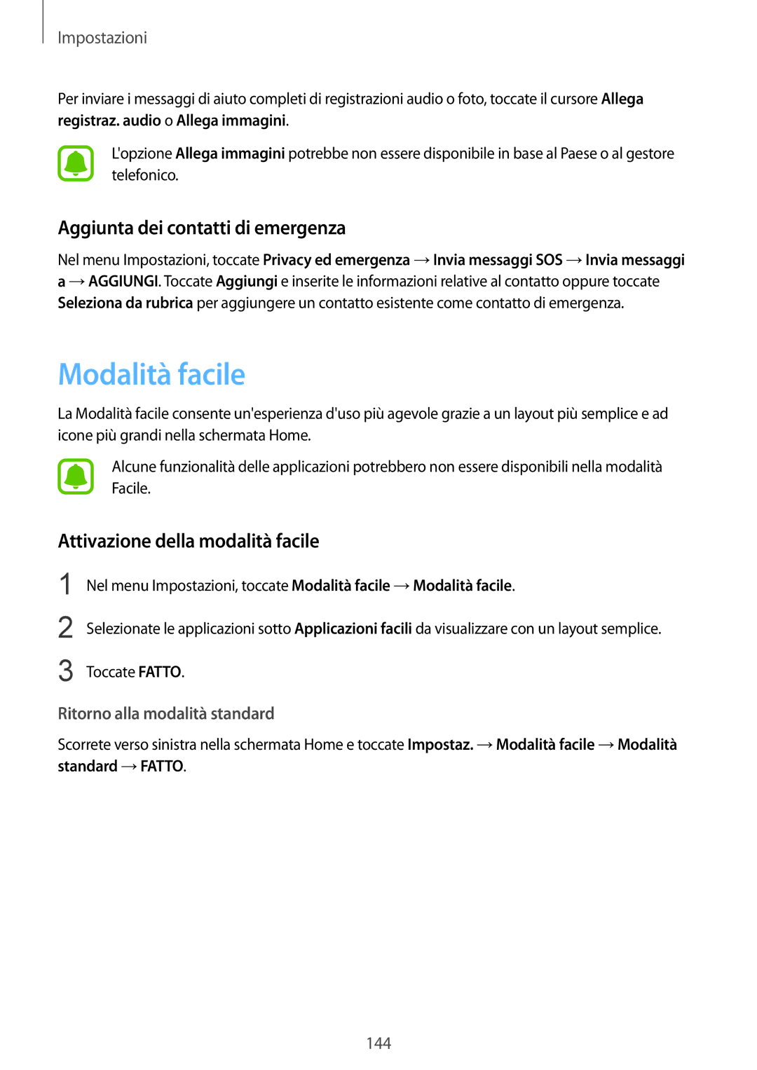 Samsung SM-G928FZDAITV manual Modalità facile, Aggiunta dei contatti di emergenza, Attivazione della modalità facile 