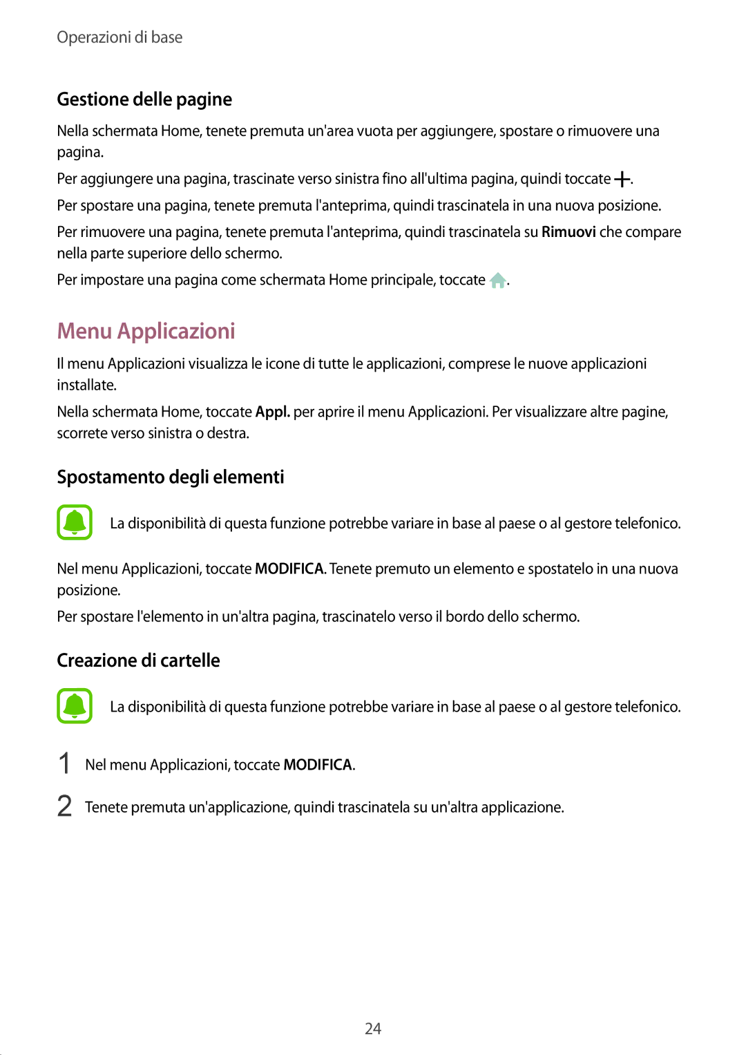 Samsung SM-G928FZDAITV, SM-G928FZSEITV, SM-G928FZKEITV Menu Applicazioni, Gestione delle pagine, Spostamento degli elementi 