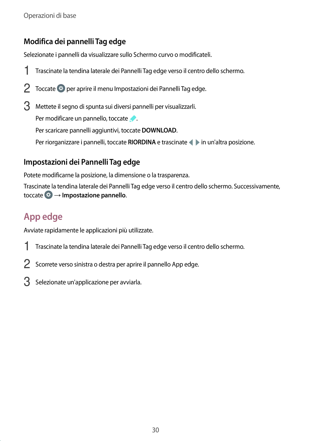 Samsung SM-G928FZDAITV, SM-G928FZSEITV manual App edge, Modifica dei pannelli Tag edge, Impostazioni dei Pannelli Tag edge 