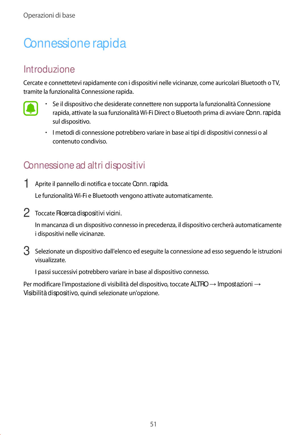 Samsung SM-G928FZDEITV manual Connessione rapida, Connessione ad altri dispositivi, Toccate Ricerca dispositivi vicini 